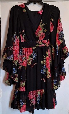 Betsy Johnson Women s Dress Black Floral Bell Sleeves Sz 10 Boho Goth Witchy 