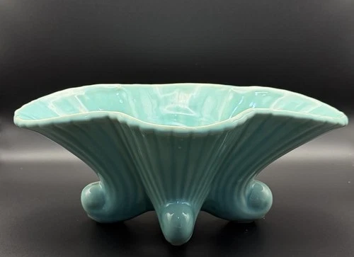 Vintage Teal Shawnee Planter Cornucopia Pottery Footed Vase Scalloped Edge USA
