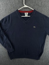 Lacoste V Neck Navy Blue Sweater Knit Size 6 Men Croc Logo Pullover Long Sleeve