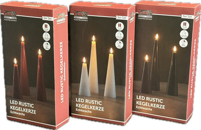 LED Kegelkerze 3er Set Rustik Echtwachs Timer Höhe 15/20/25cm Batteriebetrieb