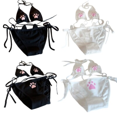 Cats Paws Underwear Lingeries Set With Side Tie Panty and Halterneck Bra