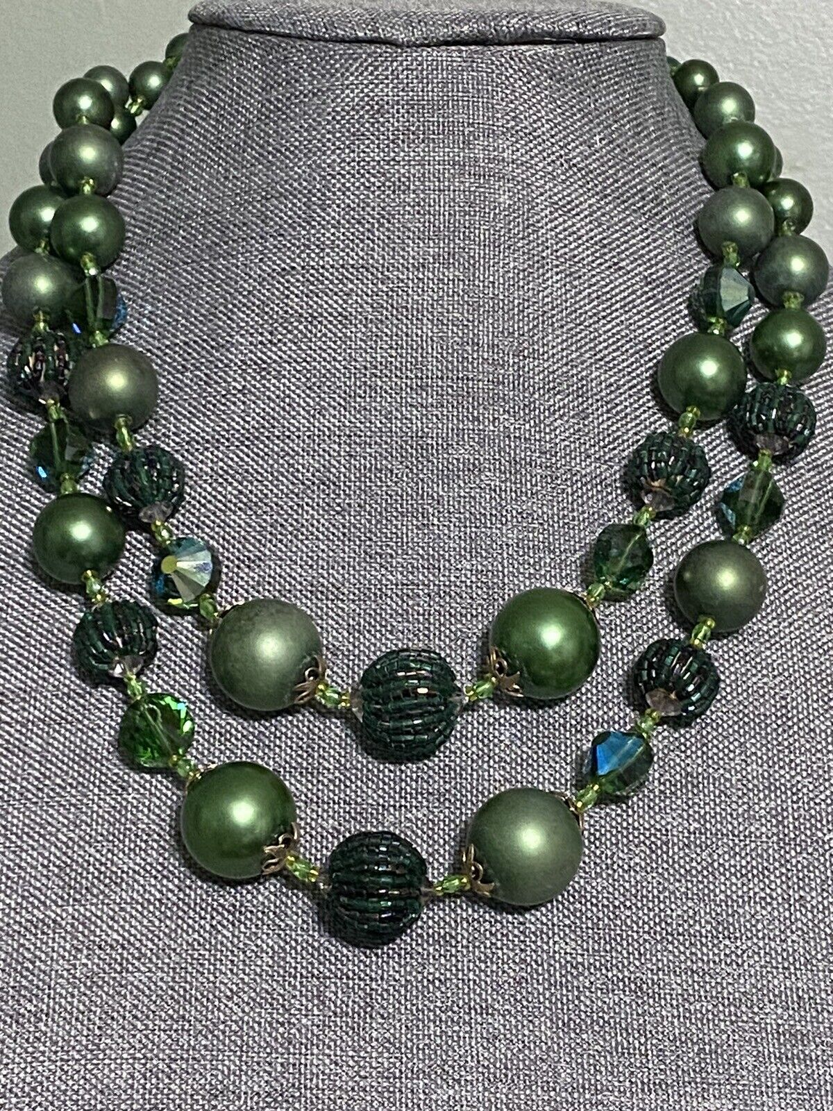 Vendome Double Strand green beaded necklace With … - image 4