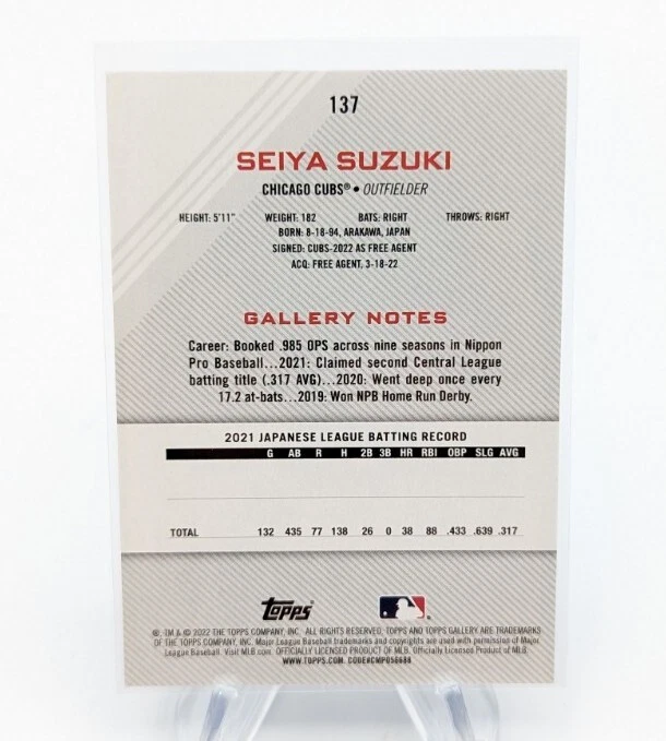 Seiya Suzuki 2022 Topps Gallery Baseball Base Rookie Card RC #137 Chicago Cubs - Image 2 of 2
