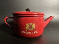 lyons tea pot enamel teapot has the logo of LYONS TEA, an Irish tea brand.
