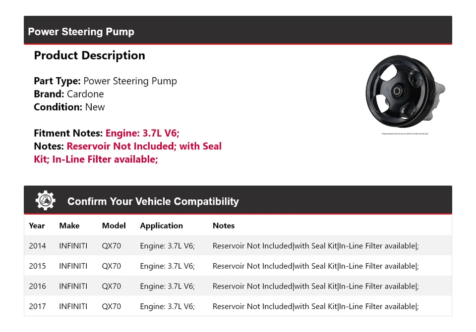 Bomba de dirección asistida Cardone 2015 2016 para Infiniti QX70 2014-2017 3,7 L V6 Foto 2 de 4