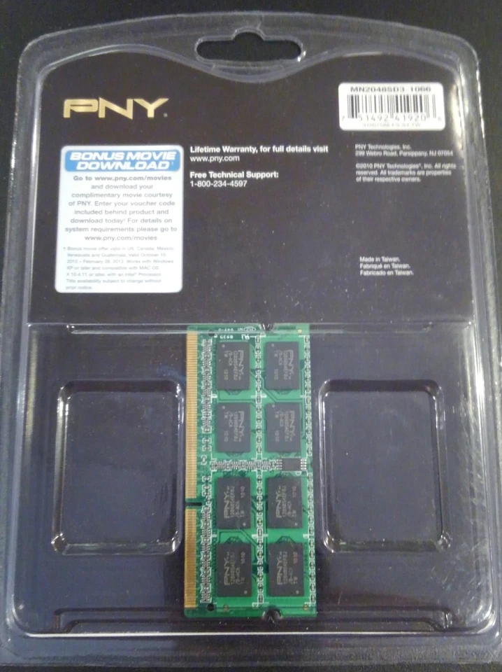 PNY PC2-8500 2 GB SO-DIMM 1066 MHz DDR3 SDRAM Memory (MN2048SD3-1066) new sealed - Image 2 of 3