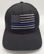 Blue Line American Flag Black Hat Cap Flexfit by Yupoong Stretch Fit Size L-XL