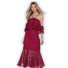 NASTY GAL COLD SHOULDER LACE MAXI DRESS | Burgundy Lined Ruffled Neckline Dress