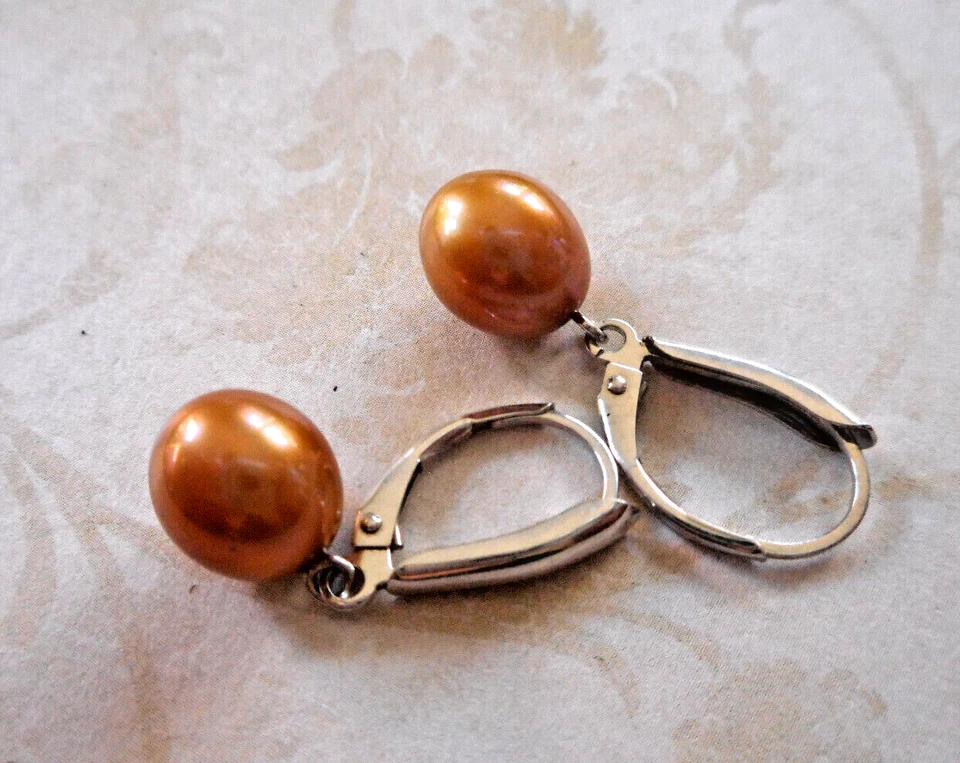 Pendientes colgantes de plata de ley de perlas marrones doradas 29-19A Foto 4 de 4