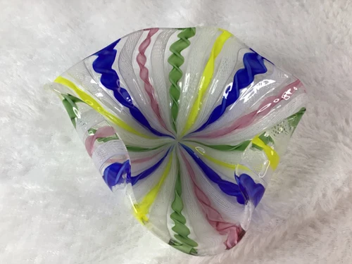 Vintage Murano Italy Latticino Ribbon Glass Candy Bowl Trinket Dish Multicolor