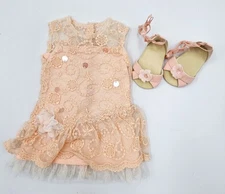 American Girl Truly Me Peach Shimmer & Lace Party Dress And Tie Up Sandals Shoes