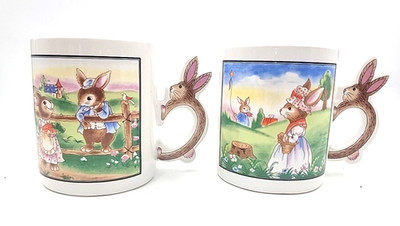 Easter 2 Vintage Peter Rabbit Coffee Mugs W/ Bunny Handle Design Japan Tea Cup