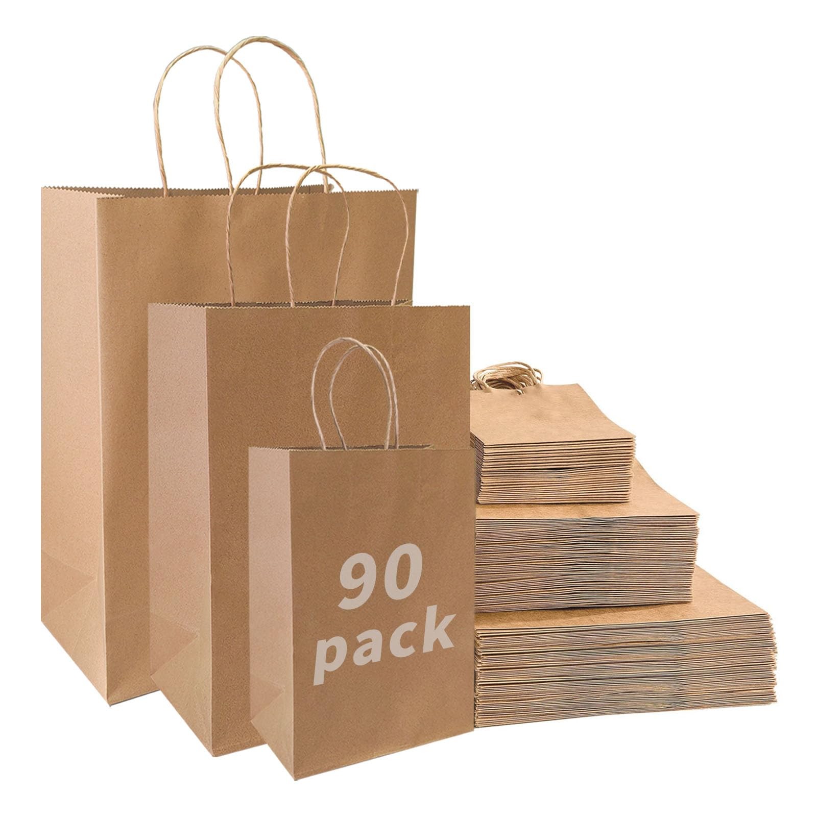 90-Pack Brown Kraft Paper Bags with Handles Bulk, Assorted Sizes Gift Bags，Gr...
