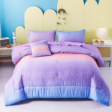 Twin Comforter Set for Girls 6Pcs Bed in a Bag Gradient Purple Orange Blue Mo...