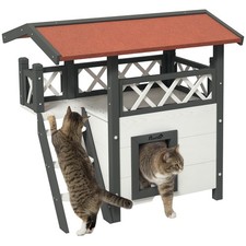 PawHut Outdoor Cat House w/ Balcony Stairs Roof, White