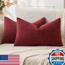 MIULEE Wine Red Chenille Throw Pillow Covers 12x20 Soft Decorative Set of 2