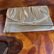 Vintage Gold Metallic Clutch Purse W/Pleated Top/Snap Closure New