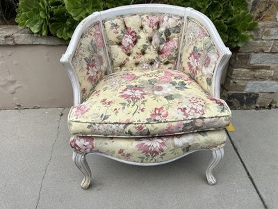 Vintage Louis XVI Floral Chintz Bergère Armchair