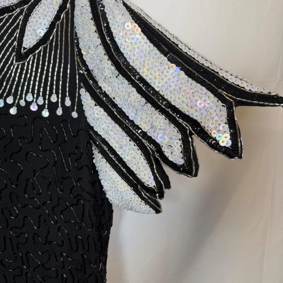 Vestido de Noche Laurence Kazar Talla 1X Cuentas Lentejuelas Vieiras Negro Seda De Colección Foto 4 de 4