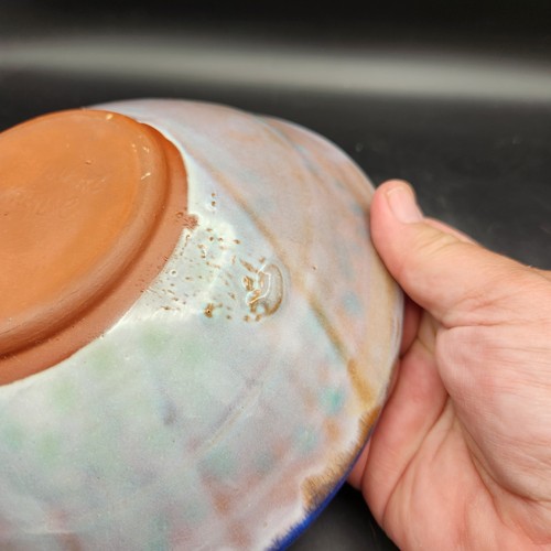 Earthworks Barbados Salad Bowl 8" Green & Blue Stoneware Pottery Spiral Dot - Picture 9 of 12