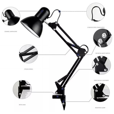 Metal Desk Lamp Adjustable Swing Arm Interchangeable Base & Clamp Reading Light