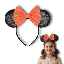 Sequin Mouse Ears Headband Orange Bow Black Sparkly Costume Party Theme Park