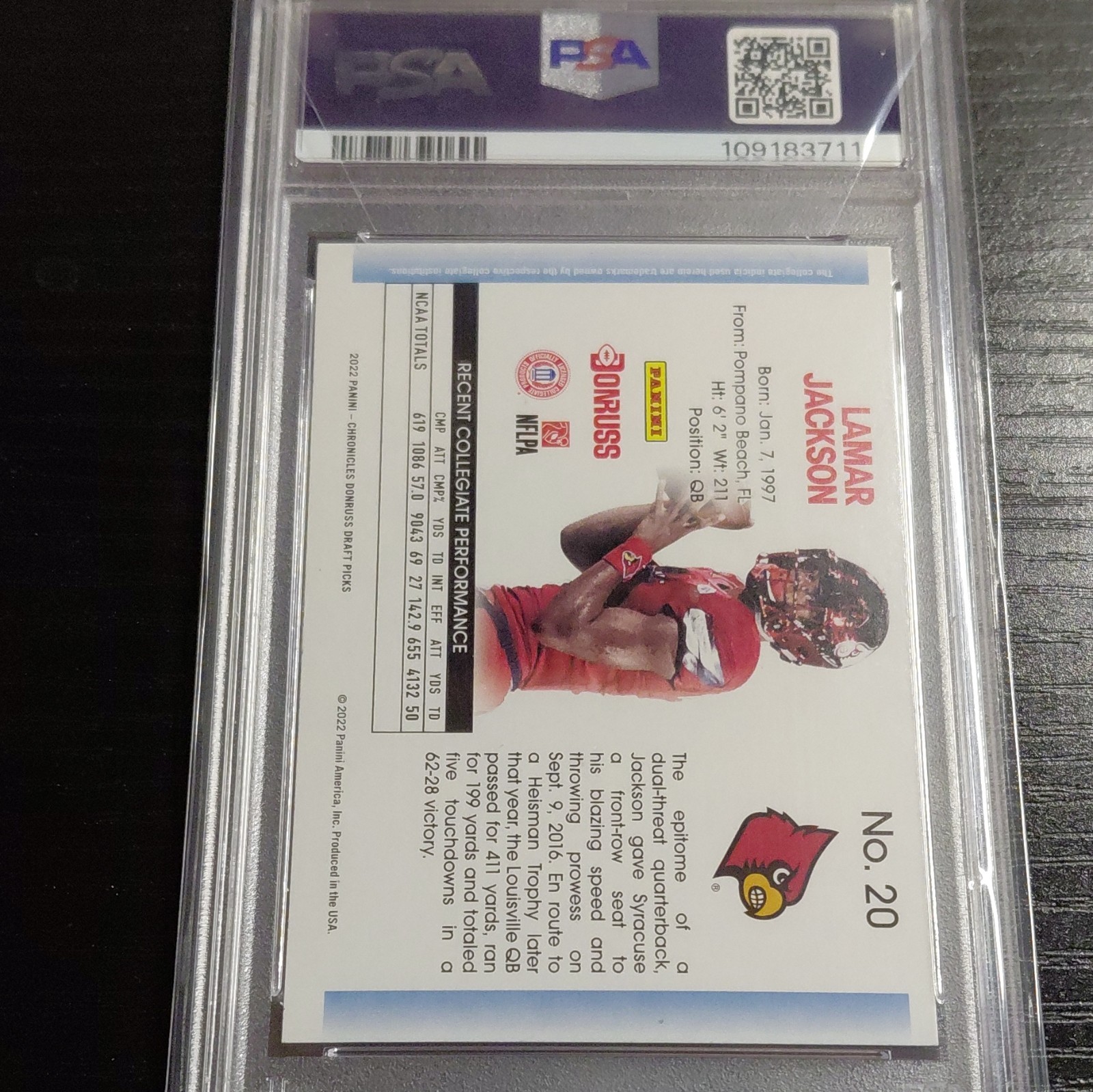 2022 Panini Chronicles Draft Picks Donruss Retro Lamar Jackson #20 PSA Auto view 3