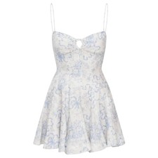 Love Shack Fancy Shai Linen Lace Ribbon Bow Mini Dress Blissful Blue White