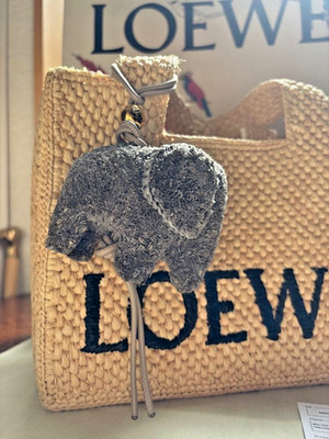 LOEWE Elephant Charm Raffia Gray Bag Charm Keychain Animal With Box