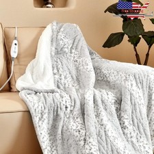 Heated Throw Blanket Soft Faux Fur Electric Comfort 6 Heat Settings Safe Design