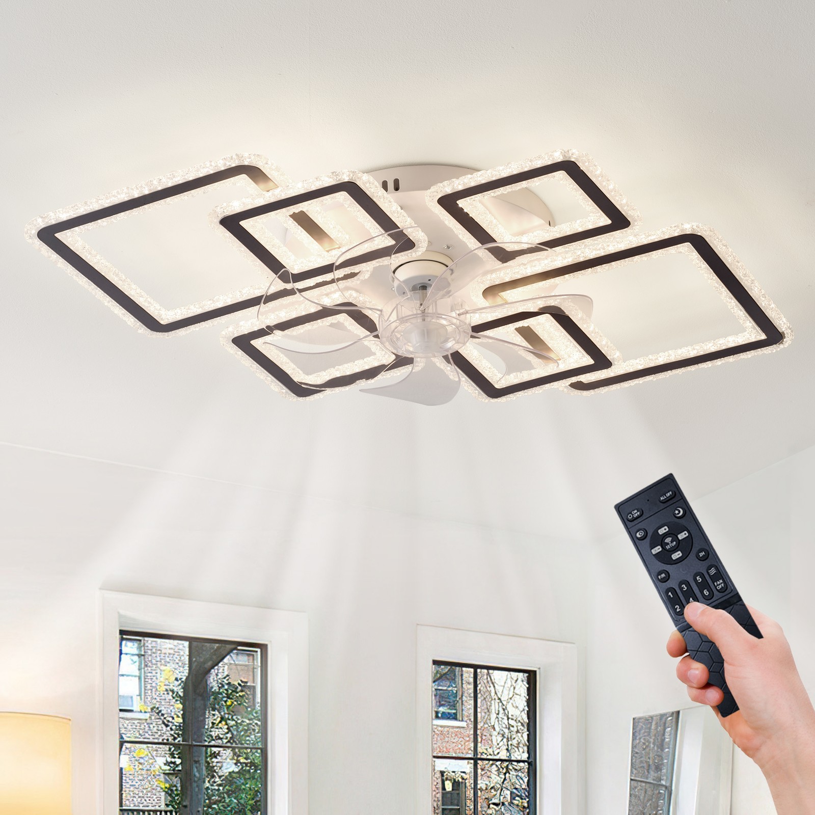 33'' Ceiling Fan with LED Light 6 Ring Square Flush Mount Remote APP Control Kit