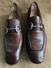 Gucci 217355 Mens Brown Leather Green Red Web Horsebit Loafers UK 8 || US 8.5 D