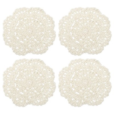 4Pcs Crochet Doilies 4'' Cotton Woven Round Fabric Coasters Beige