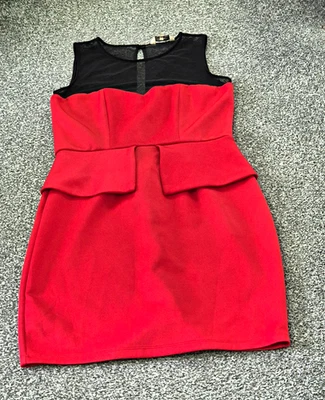 New Look Red & Black Mesh Yoke Peplum Dress Sleeveless Knee Length Size 14 - Image 1 of 4