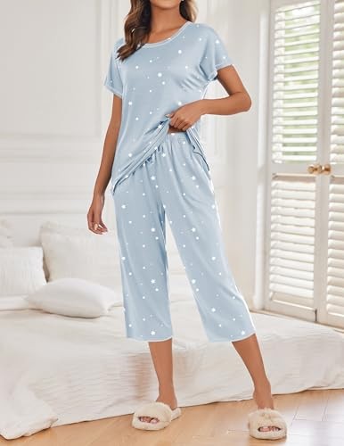Women's Capri Pajama Sets Floral Print Short Sleeve Large Blue White Stars - Picture 3 of 4