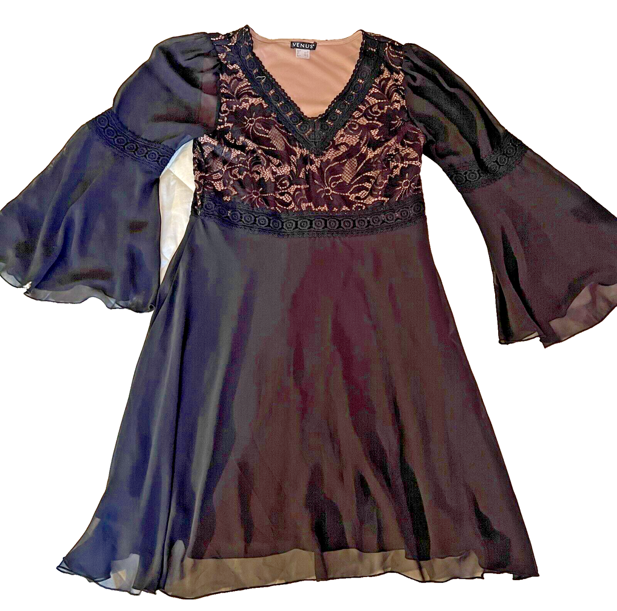 New VENUS Black V-Neck Lace Sheer Overlay Dress Sz M