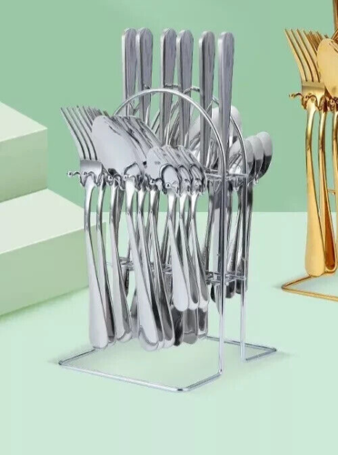 24PC CUTLERY DINNER SET STAINLESS STEEL METAL STAND RACK FORKS TEA SPOONS - Picture 7 of 7