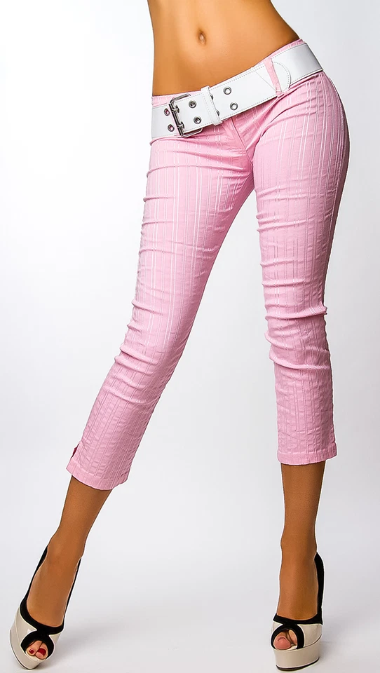  SeXy Miss Damen 7/8 Capri Sommer Hüft Hose LoW CuT NadelStreifen rosa Gürtel  - Bild 2 von 4