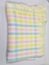 Vintage Baby Blanket Pastel Fleece Plaid White Blue Pink Yellow Acrylic Nylon