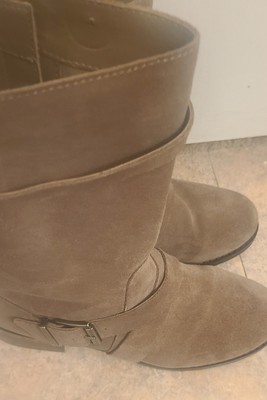 Vince Camuto Windy Mid Calf Boots Moto Shoes Womens Size 7.5 Beige Suede Zip Up
