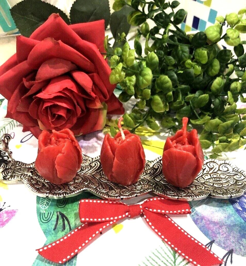 3 x Handmade Natural Bee Wax Candles Roses 4.5 cm x 3.5 cm