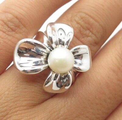 925 Sterling Silver Ann King Real Pearl Floral Blossom Ring Size 7 