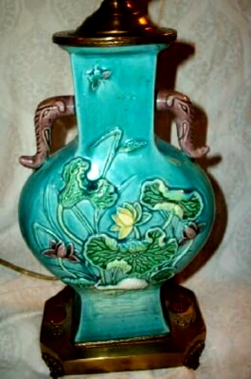 Antigua lámpara mayólica turquesa bronce china años 20 lirio Wu elefante asas Foto 2 de 4