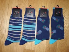 Bugatchi Designer Dress Socks Multi-Color Pineapple/Striped, One Size - 4 Pairs!