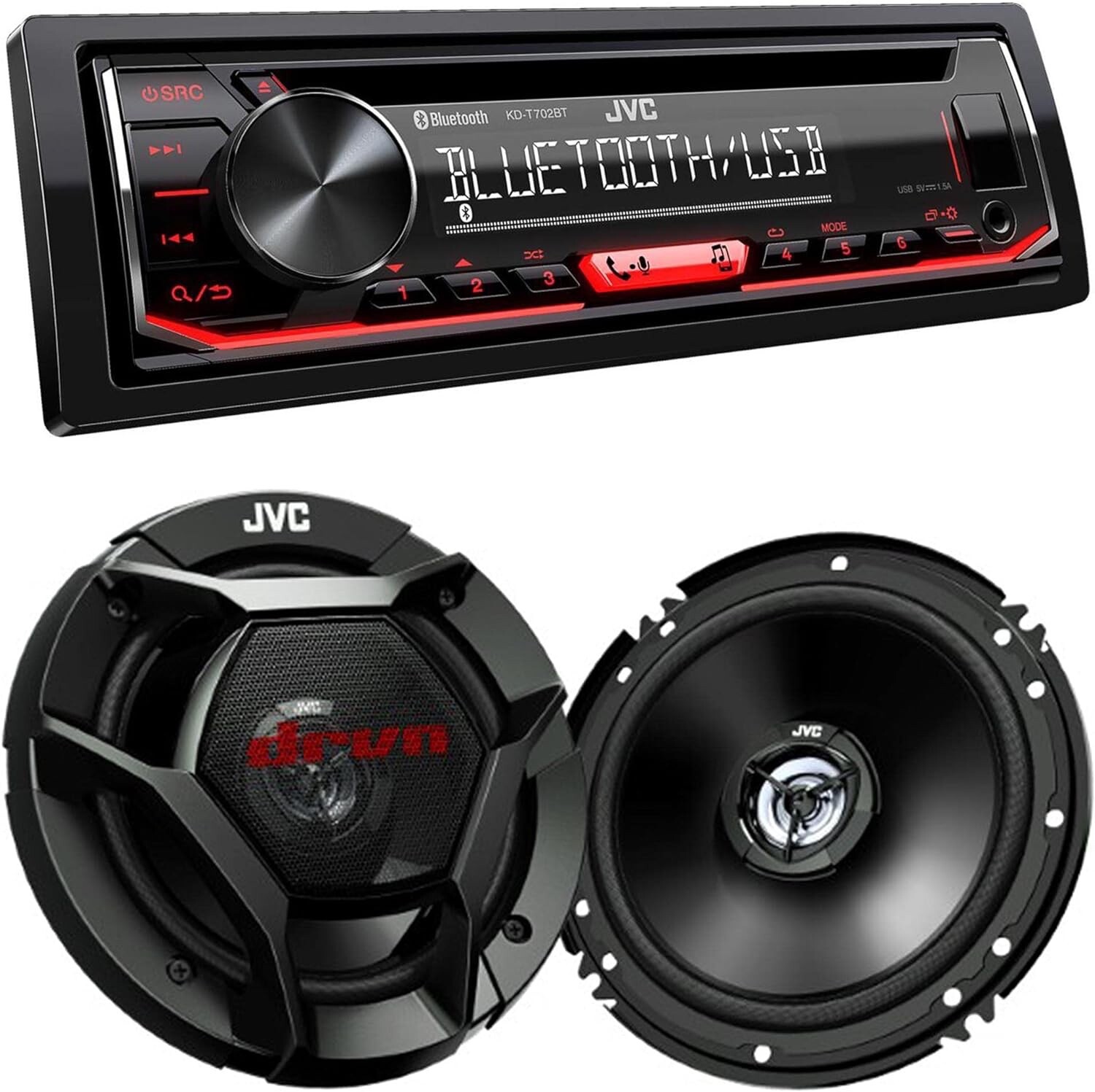 JVC KD-T720BT 1-DIN CD Receiver with Bluetooth + 2x 300w 6.5" Car Speaker