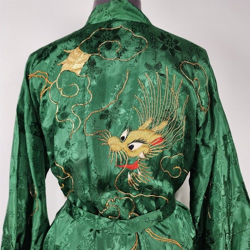 Bata Kimono Japonesa Bordada Dragón Oro Verde Vintage Talla M - Imagen 2 de 11