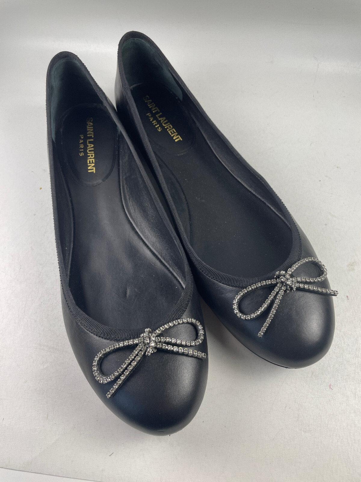 Scarpe ballerine Saint Laurent Paris taglia 39 pelle nera fiocco strass $1300