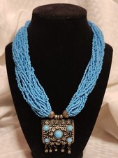 Multi Strand Blue Beaded Costume Jewelry Southwestern Style Necklace