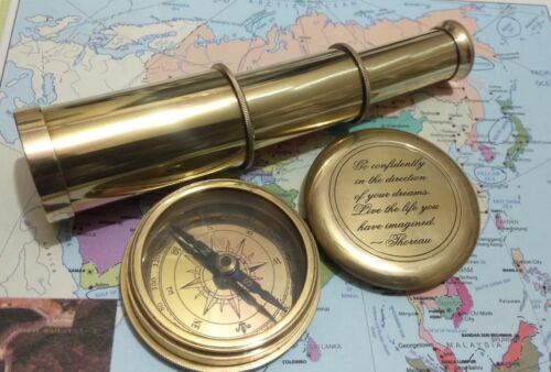 Vintage Nautical 6 inch Pocket Brass Telescope With 3 inch  Compass Combo - Zdjęcie 1 z 6