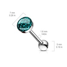 Aqua Blue Glitter Tongue Bar * Sparkly 7mm Dome Top * 14G (1.6mm) 16mm Bar